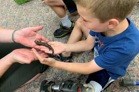 un paciente sosteniendo un lagarto en el campamento