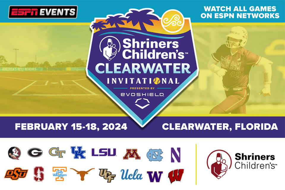 Logo du Shriners Children’s Clearwater Invitational commandité par Evoshield, du 15 au 18 février 2024, Clearwater, Floride, événements ESPN, regardez tous les matchs sur les réseaux ESPN, logo Hôpitaux Shriners pour enfants, 16 logos d’écoles participantes