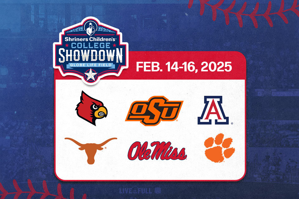 Shriners Children's College Showdown logo, Feb. 14-16, 2025, six team logos