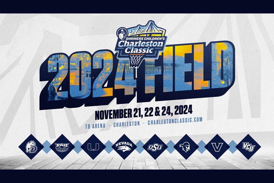 Gráfico de campo de Charleston Classic 2024, logotipo de Charleston Classic, días 21, 22 y 20 de noviembre. 24, estadio TD Arena, CharlestonClassic.com, ocho logotipos de equipos