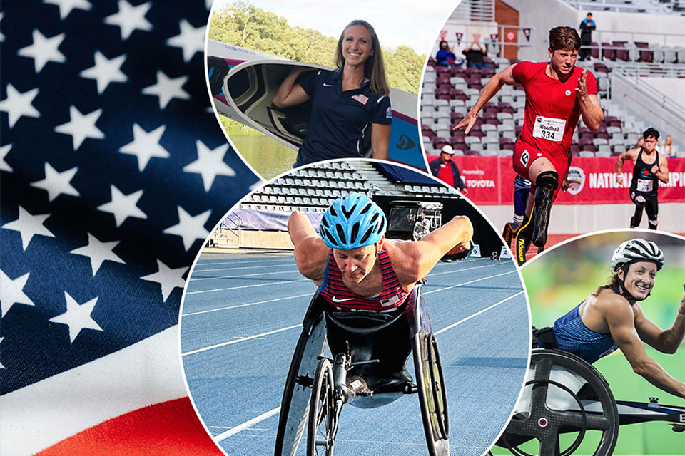 Quatre paralympiens à côté d’un drapeau américain