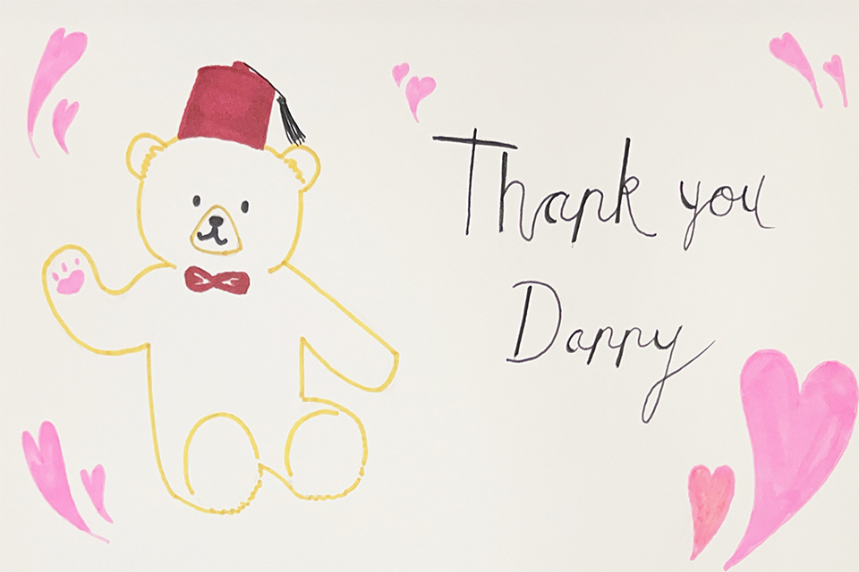 A hand-drawn image of Fezzy and the words "Thank you Danny" surrounded by pink hearts.