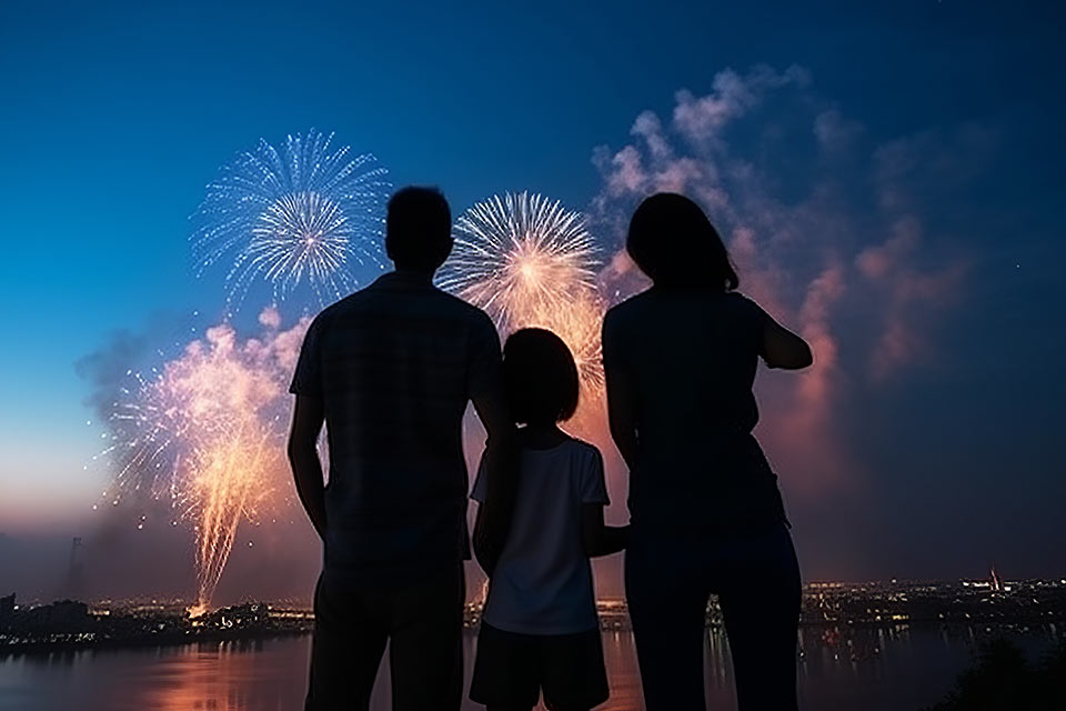 Famille regardant des feux d’artifice